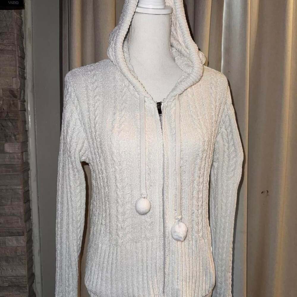 Coco & Shai Chenille Cable Knit Zip Hoodie Size M White